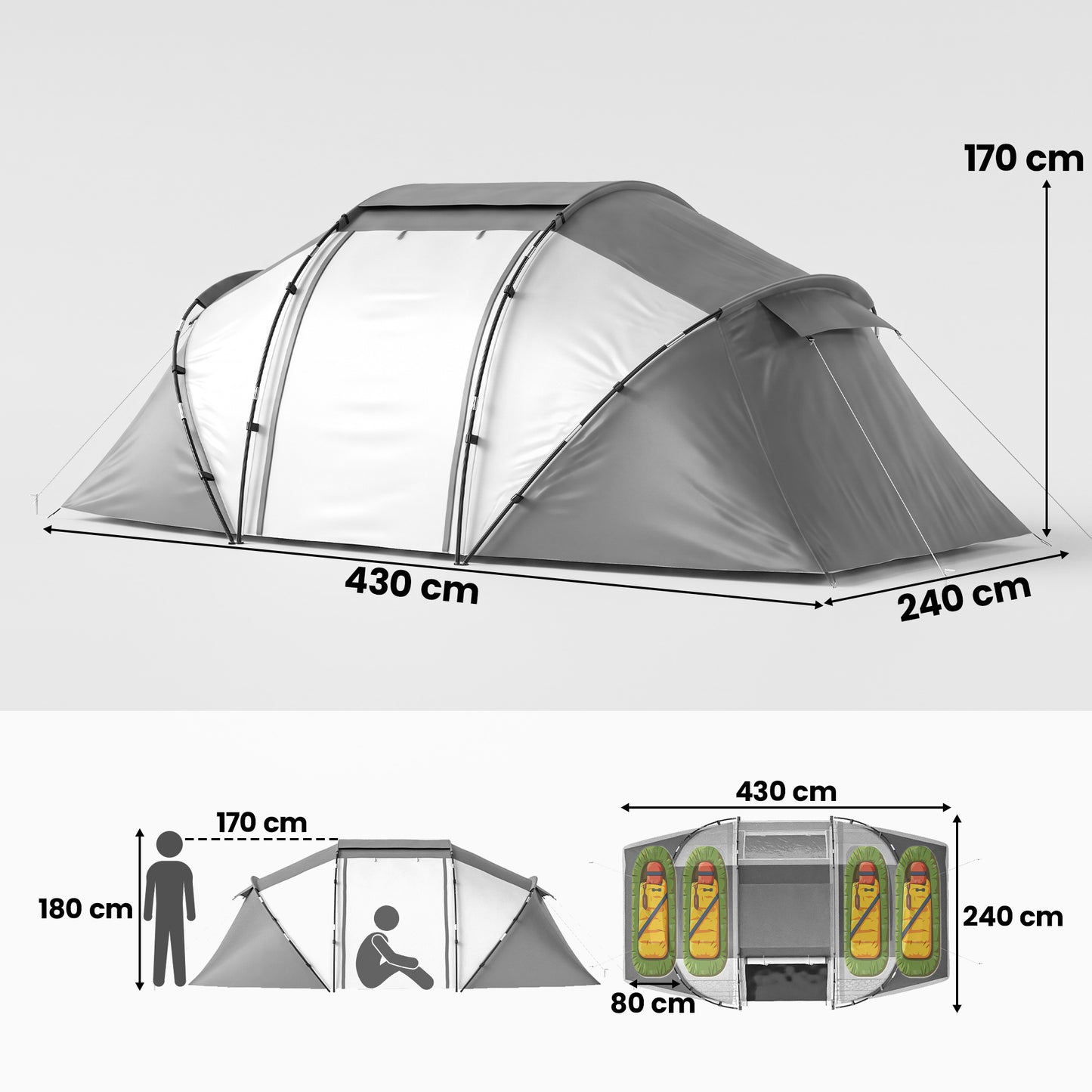 4 Man UV Protection Camping Tent - Charcoal Grey and White