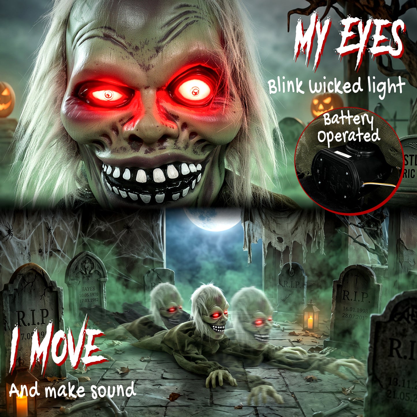 Halloween Decoration Halloween Animatronic Crawling Zombie with Light-Up Eyes and Creepy Sound