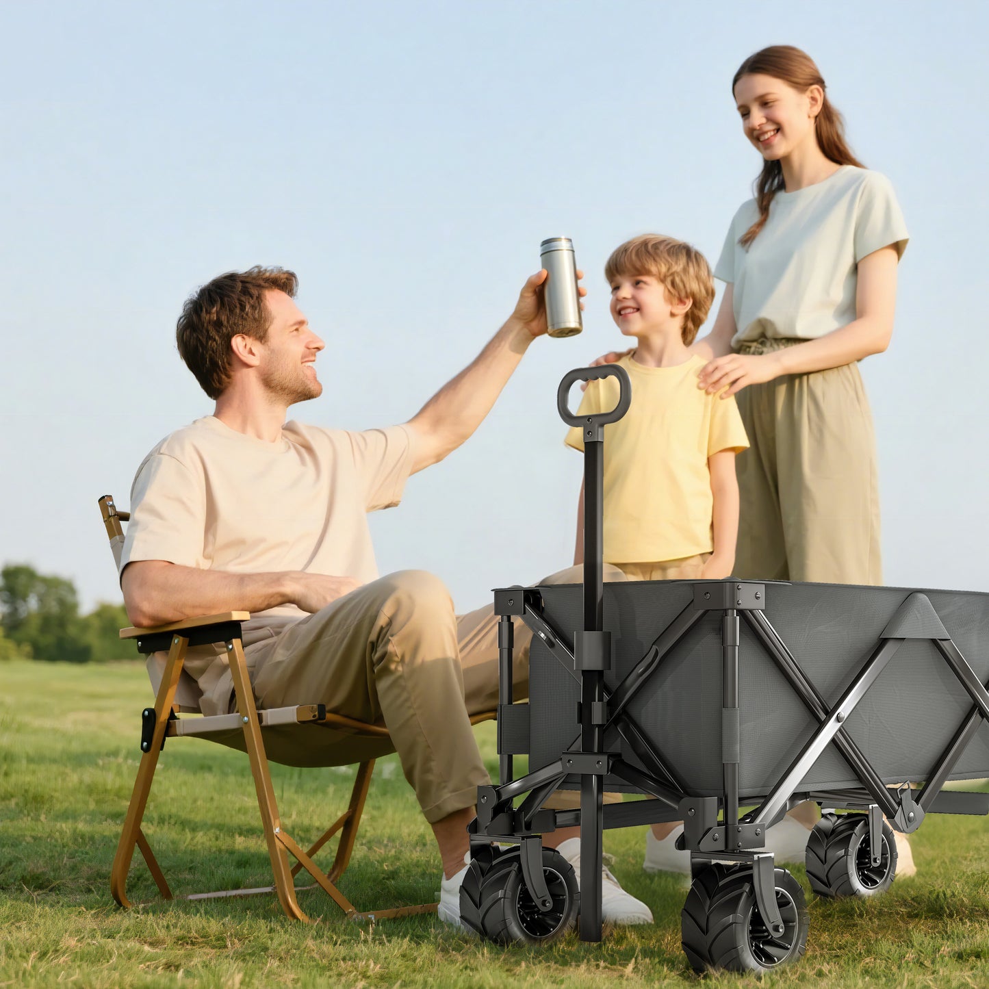 Outdoor Pull Along Cart Folding Cargo Wagon Trailer Trolley for Beach Garden with Handle, Anti-Slip Wheel - Dark Grey