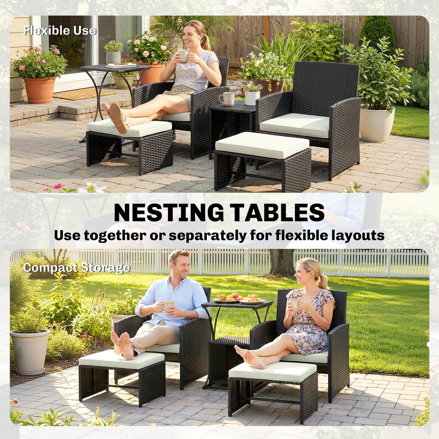 6 Piece Rattan Garden Furniture, Space-Saving Patio Furniture Set with Nesting Tables, Chairs, Stools, Cushions, Black