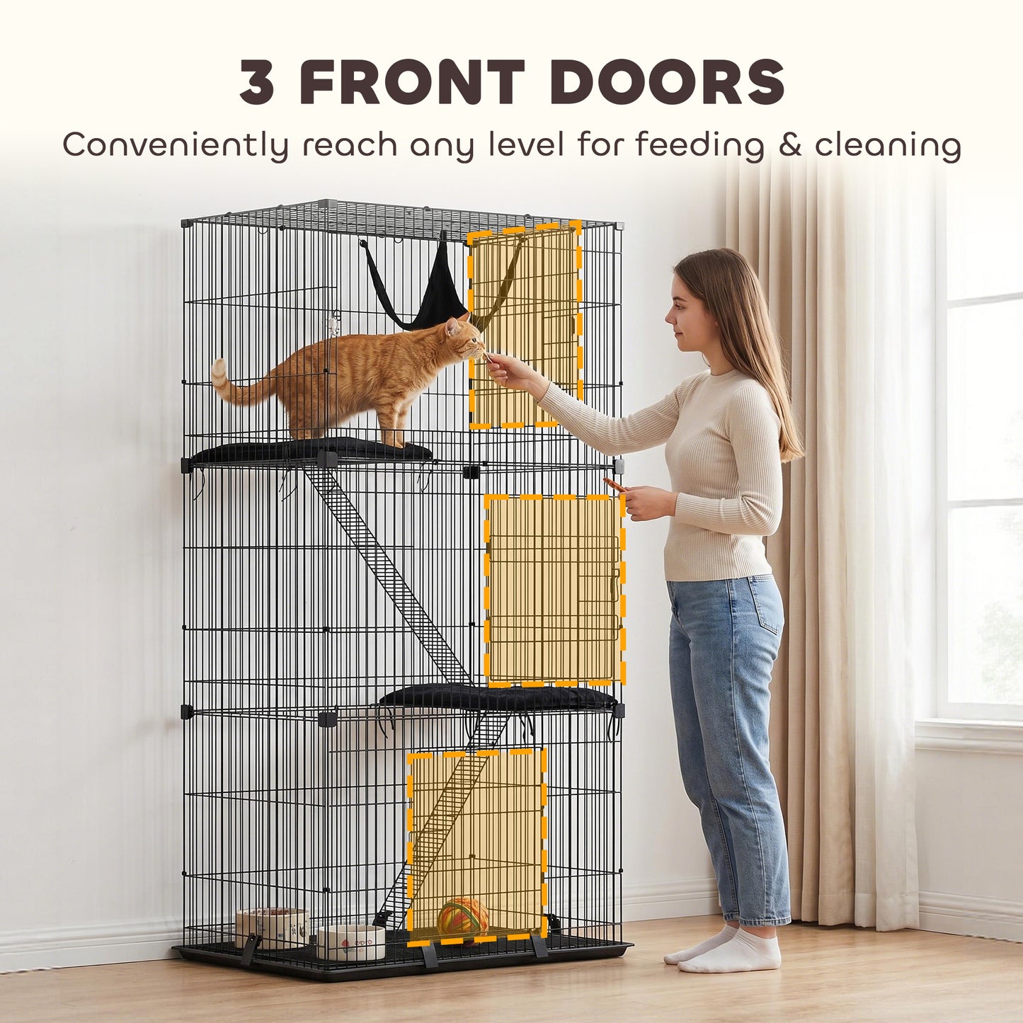 3-Tier Large Cat Cage Indoor, Detachable Metal Wire Kennel with Hammock, Platforms, Tray and Cushions for 1-2 Kittens