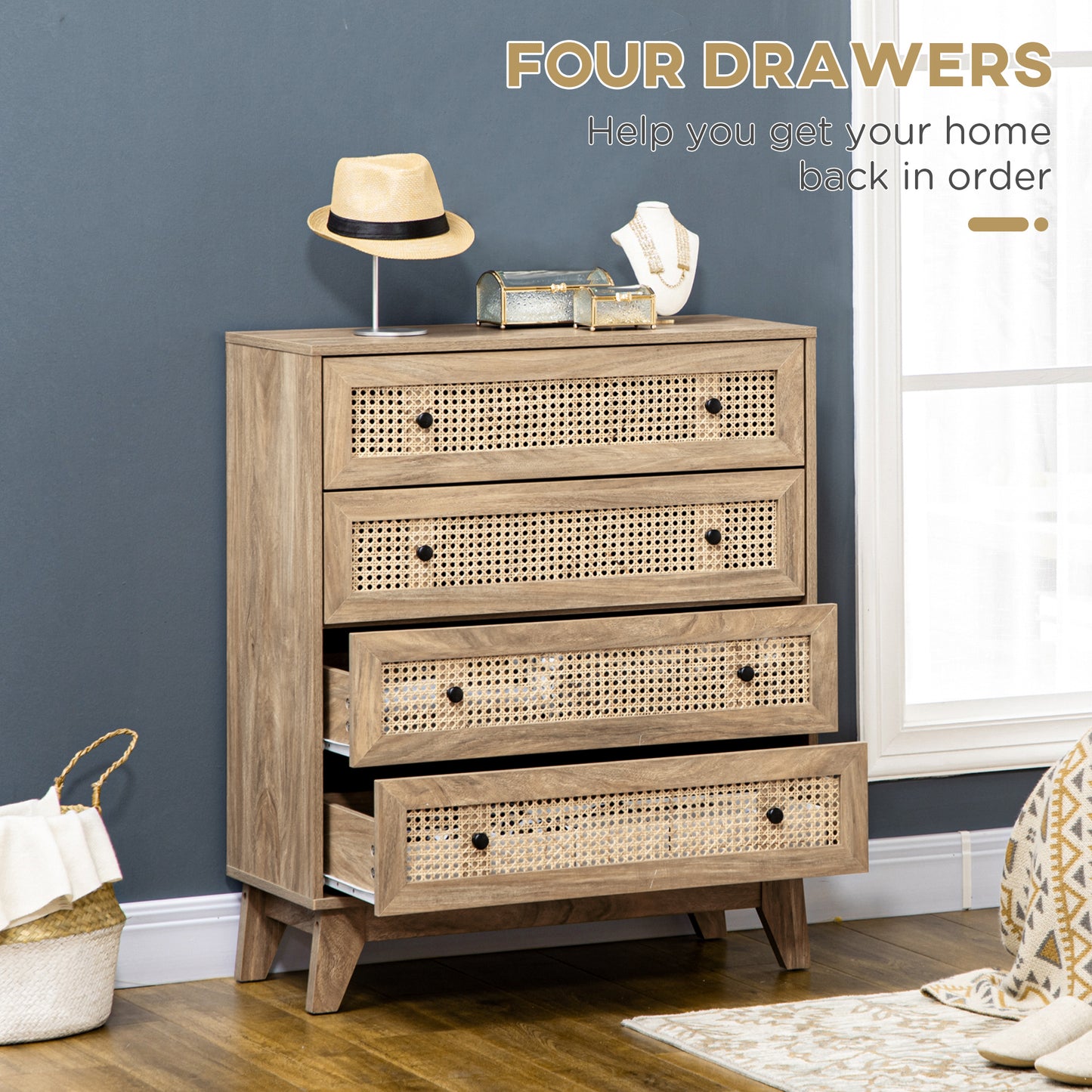 Storage Cabinet, 4-Drawer Unit with Rattan Element for Bedroom, Living Room, 80cmx35cmx95cm, Wood Effect