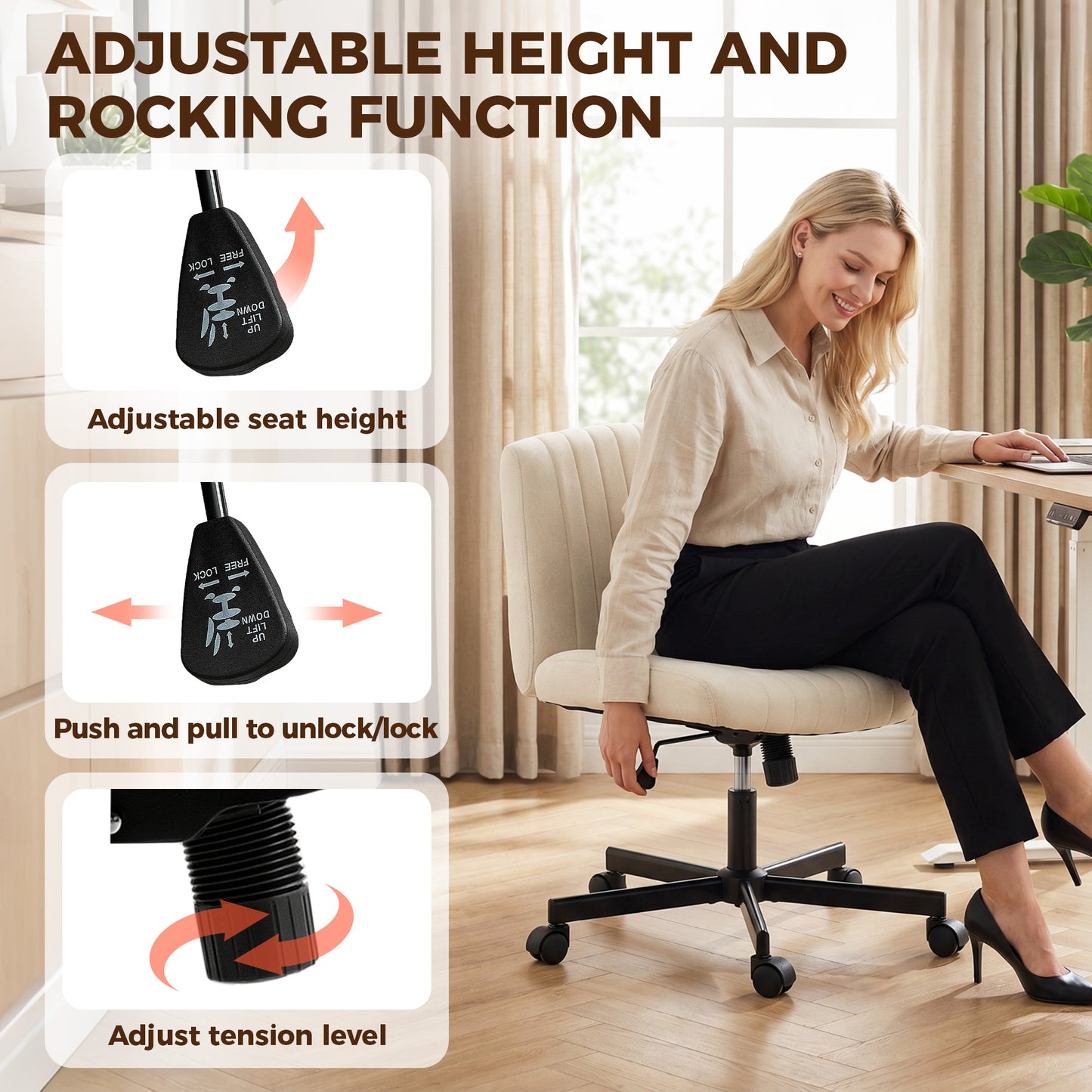 Imitation Linen Criss Cross Legged Desk Chair, Armless Office Chair with Wheels, Green