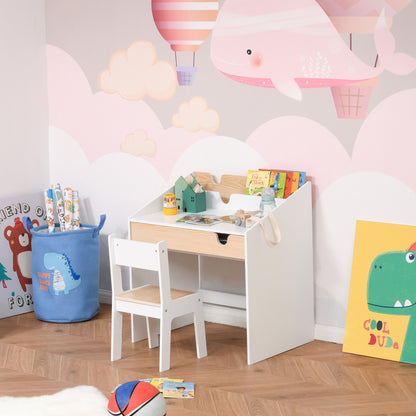 Kids Desk and Chair Set 2 Pieces Children Study Table with Storage Pull-Out Drawer Bookshelf for 3-6 Years Writing, Reading
