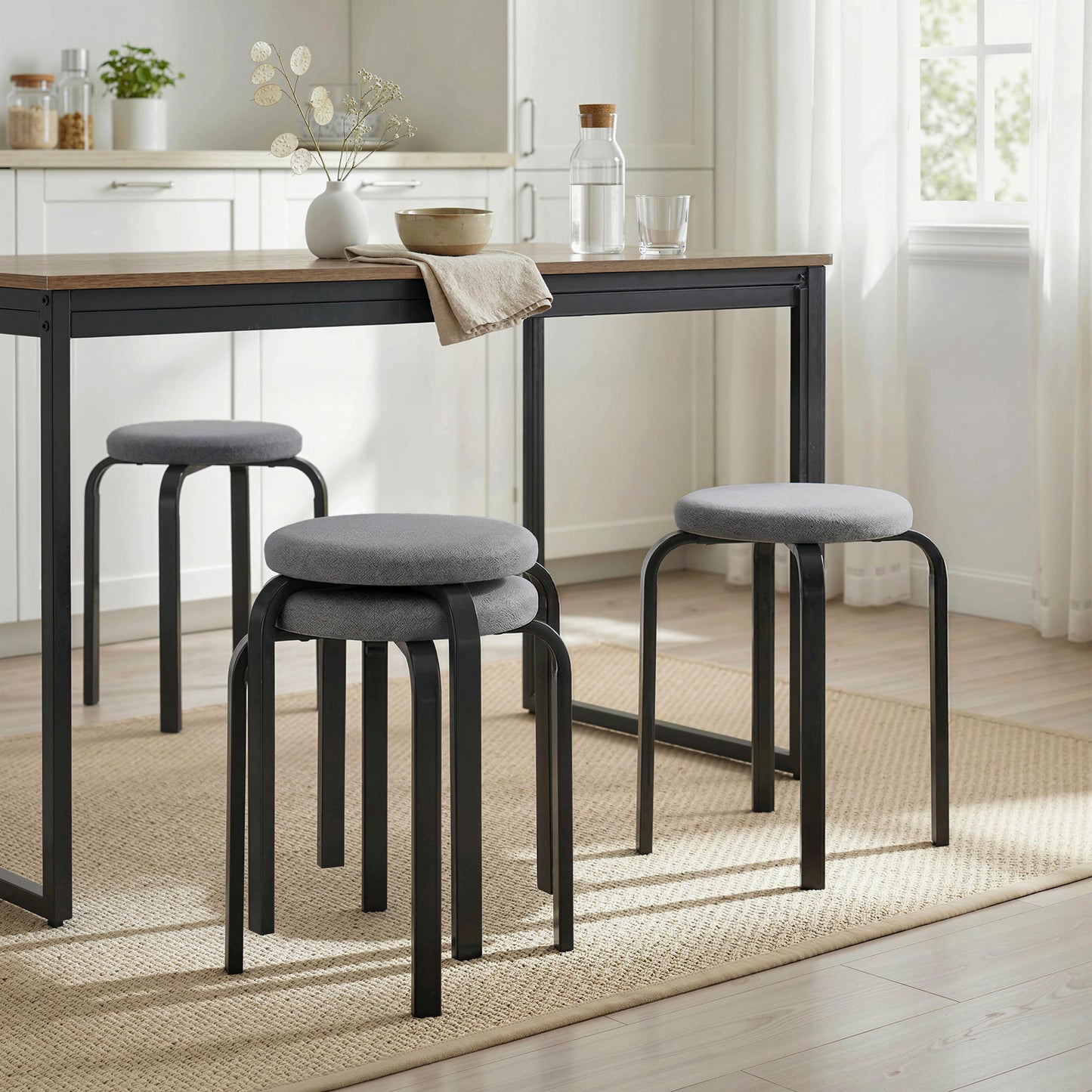 Stackable Stools Modern Cushioned Round Backless Stools Set of 4 Kitchen Dining Room Dark Grey