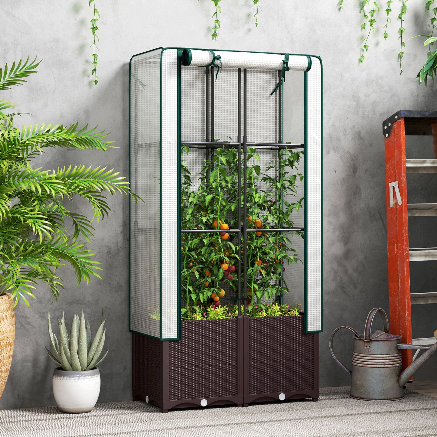 Raised Garden Bed with Trellis, Plastic Planter Box with PE Cover, Drainage Holes