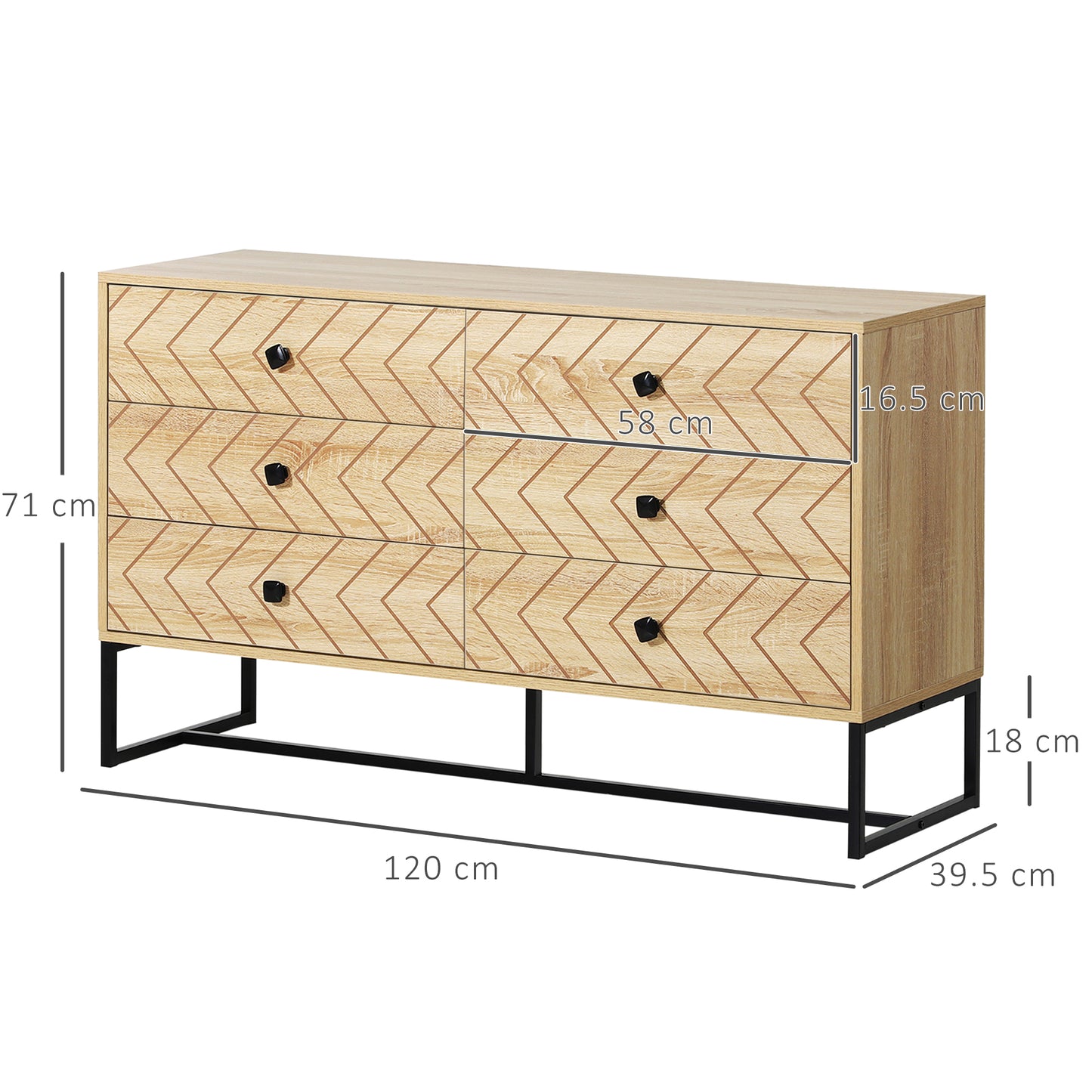 Bedroom Chest of Drawers, 6 Drawer Dresser, Sideboard Cabinet with Zigzag Design and Metal Base, Storage Drawer Unit