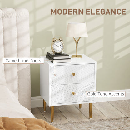 Elegant Two-Drawer Bedside Table - White/Gold-Tone