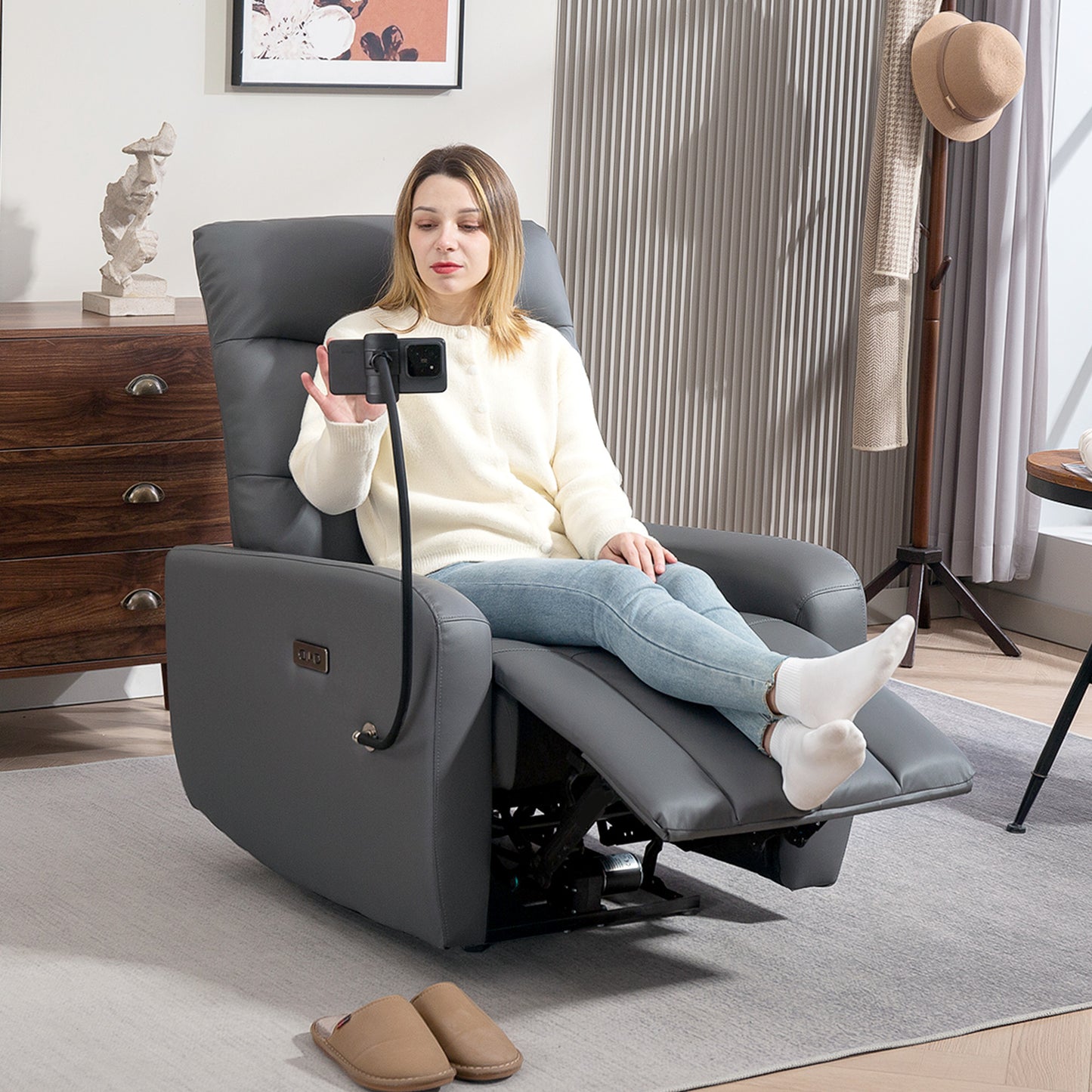 Electric Recliner Armchair with USB + Type C Charge Port, Phone Holder, PU Leather Reclining Chair with Adjustable Leg Rest