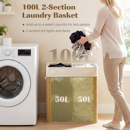 2 Section Laundry Basket with Lid, 100L Bamboo Laundry Hamper with Handles, Removable and Washable Liner, Brown