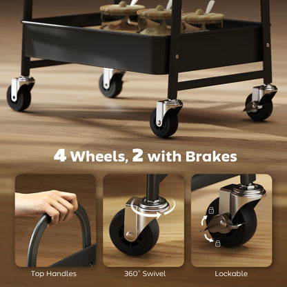 3-Tier Kitchen Storage Trolley with on Wheels Cover Top Board - Rustic Brown and Black