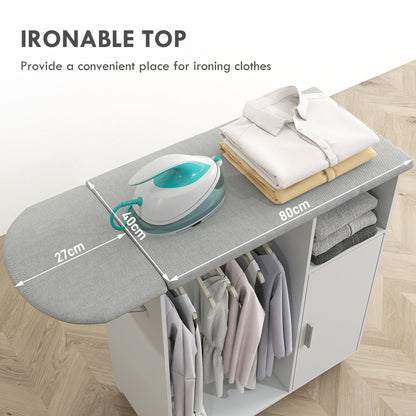 Rolling Ironing Board Cabinet, Foldable Ironing Station with Storage, Wheels for Home, Laundry Room, White