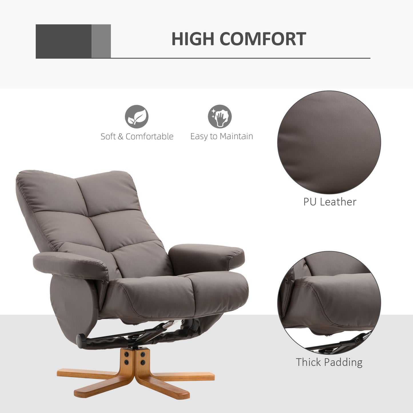 PU Leather Swivel Recliner Chair with Footstool, Wooden Base and Storage for Living Room, Brown
