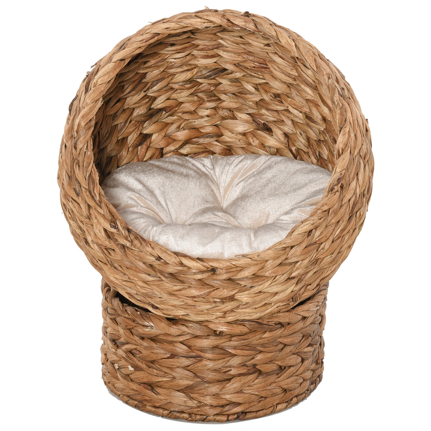 Woven Banana Leaf Elevated Cat Bed Wicker Kitten Basket Pet Den, House Cosy Cave with Soft Cushion Dome 50x42x60cm Brown