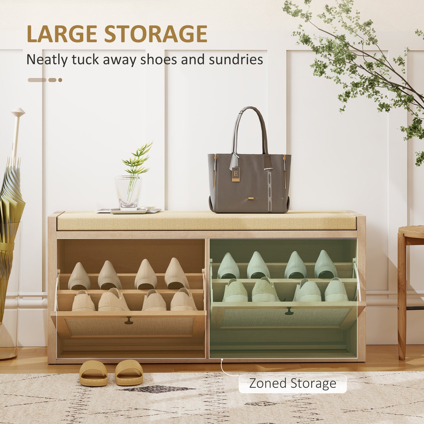 Rattan Shoe Bench with Padded Cushion and 2 Cabinets for Hidden Storage, Oak Wood Effect