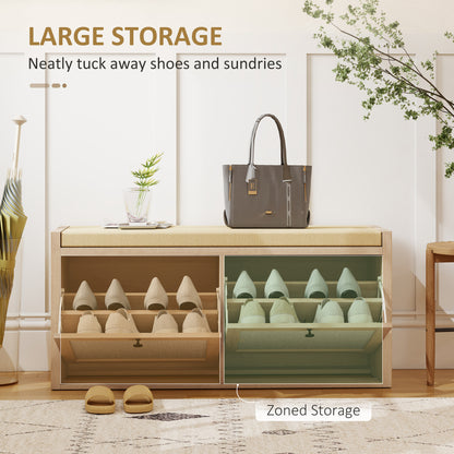 Rattan Shoe Bench with Padded Cushion and 2 Cabinets for Hidden Storage, Oak Wood Effect