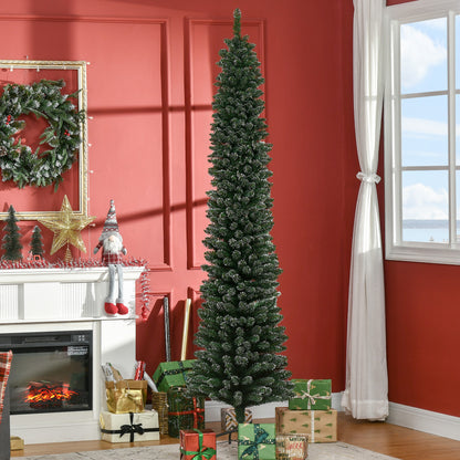 7.5FT Artificial Snow Dipped Christmas Tree Xmas Pencil Tree Holiday Home Indoor Decoration with Foldable Black Stand, Green