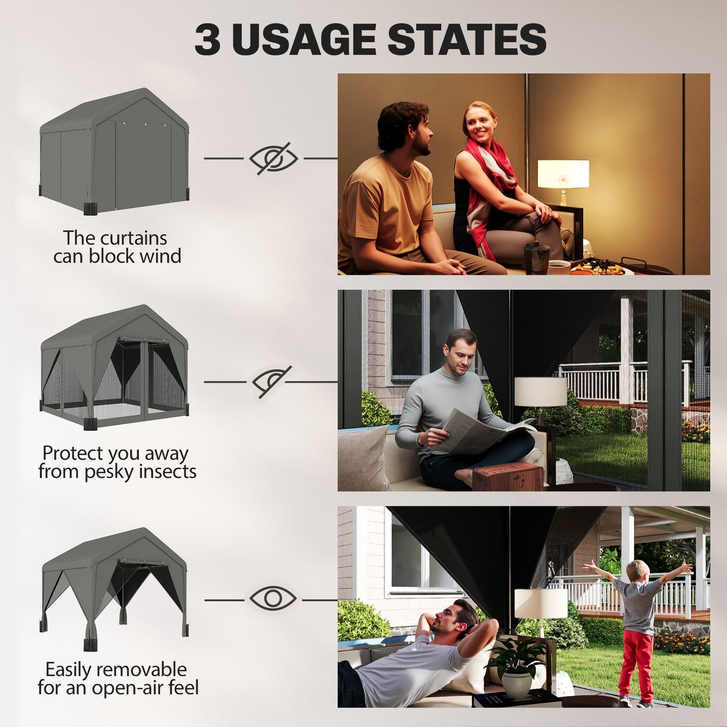 3 x 3 m Patio Gazebo with Netting & Curtains, Outdoor Canopy Shelter with Galvanised Steel Frame, Dark Grey