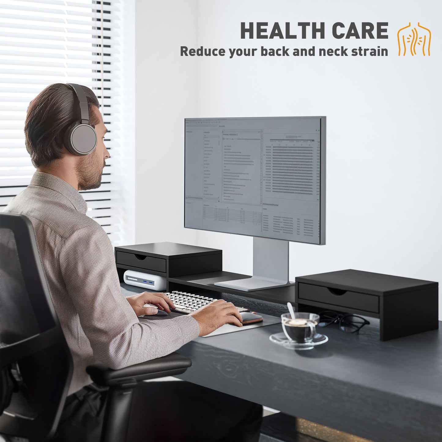 Dual Monitor Stand Riser with 2 Drawers, Adjustable Length and Angle, 116cm Monitor Riser for Laptop, Computer, PC