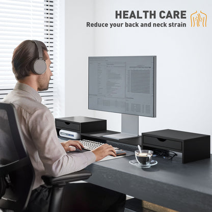 Dual Monitor Stand Riser with 2 Drawers, Adjustable Length and Angle, 116cm Monitor Riser for Laptop, Computer, PC