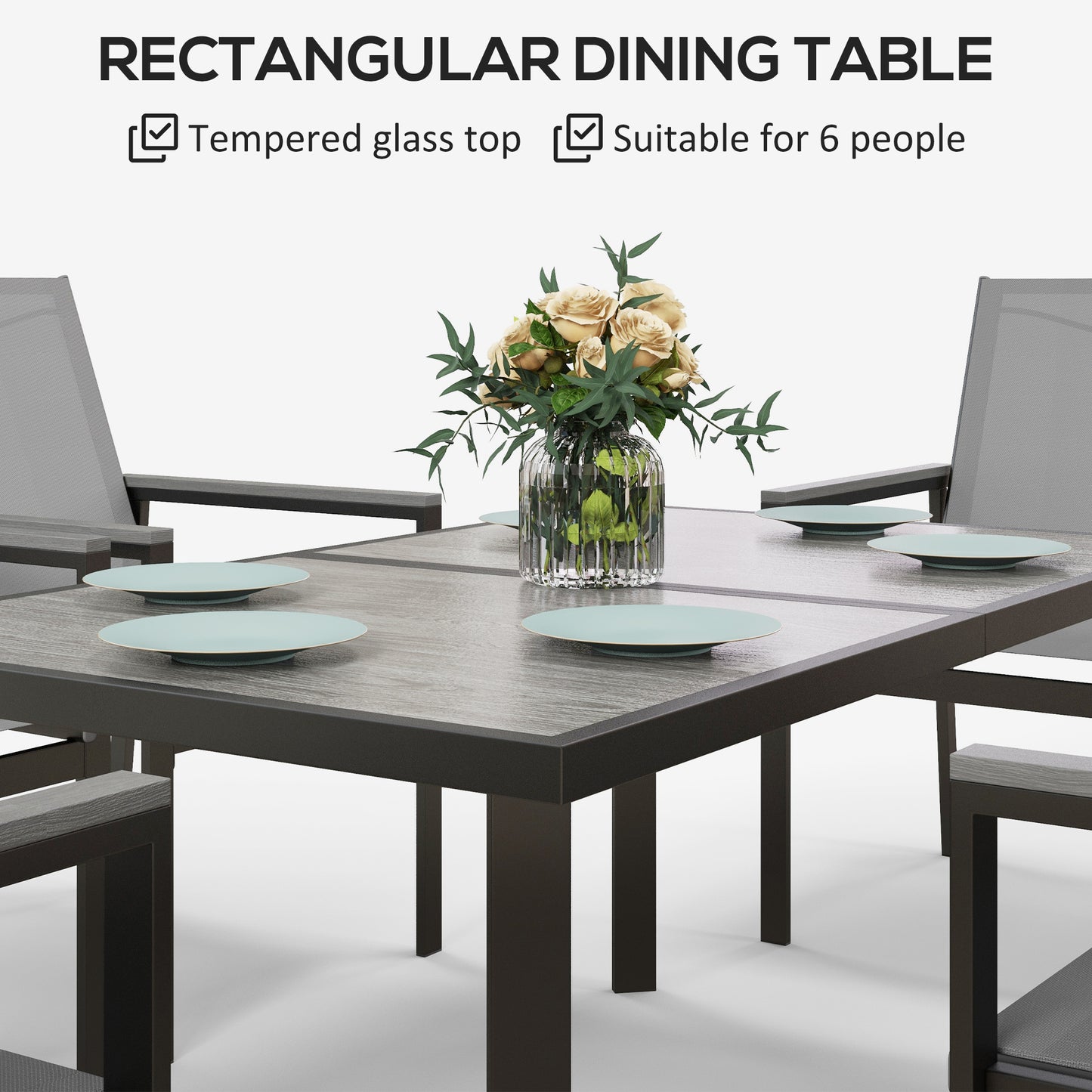 Seven-Piece Metal Dining Set with Glass-Top Table and Texteline Chairs - Grey