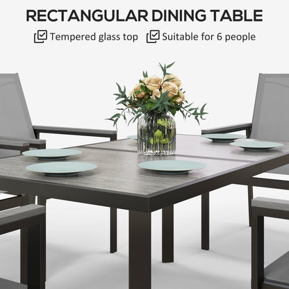 Seven-Piece Metal Dining Set with Glass-Top Table and Texteline Chairs - Grey