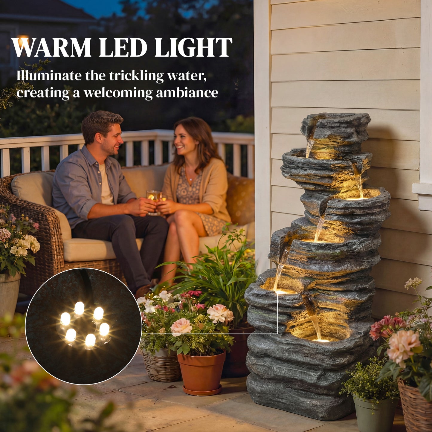 Outdoor Fountain, 6-Tier Cascading Waterfall Feature with LED Lights, Resin Freestanding Garden Fountain, Grey