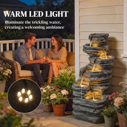 Outdoor Fountain, 6-Tier Cascading Waterfall Feature with LED Lights, Resin Freestanding Garden Fountain, Grey