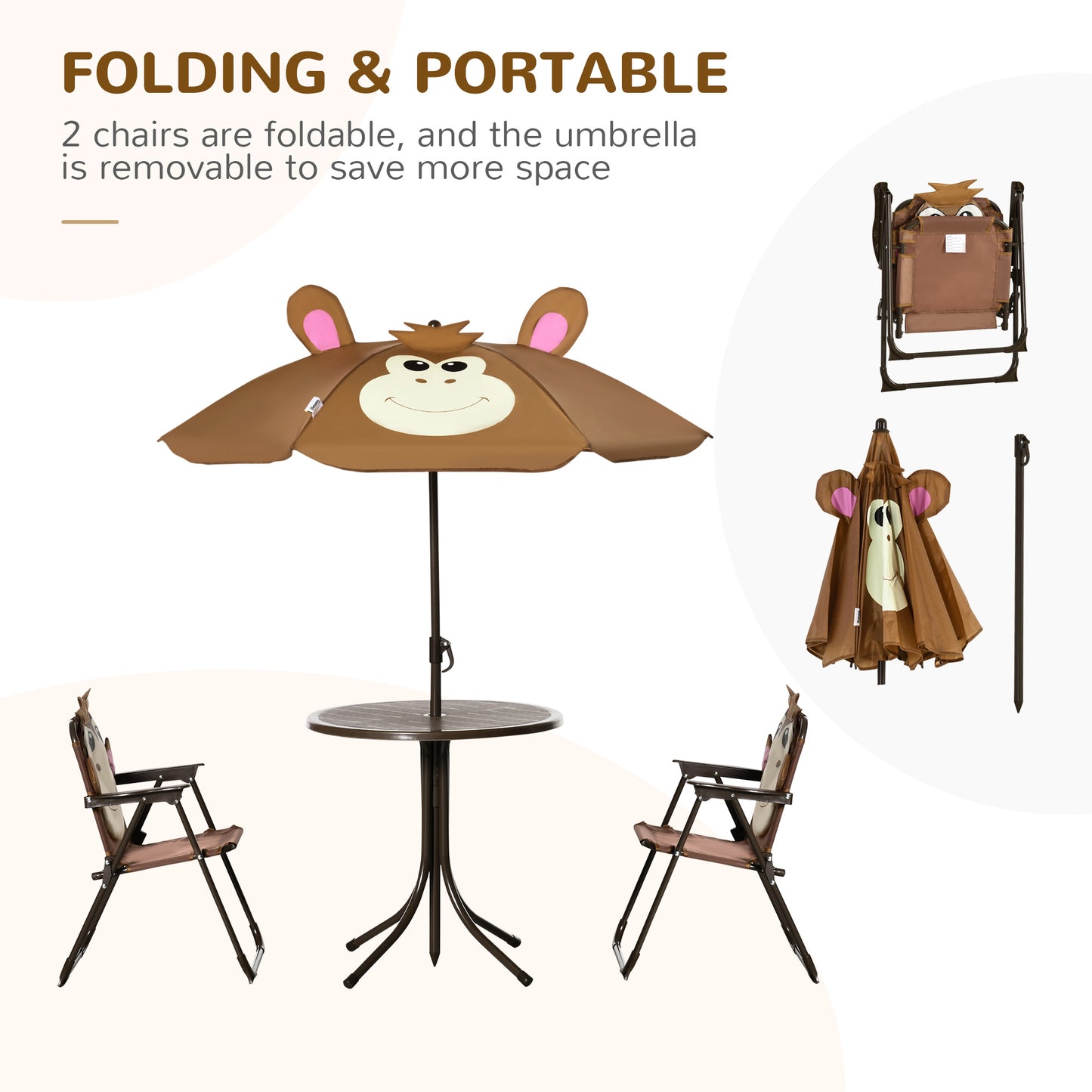 Kids Bistro Table and Chair Set, Outdoor Folding Garden Furniture w/Monkey Design, Removable, Adjustable Sun Umbrella