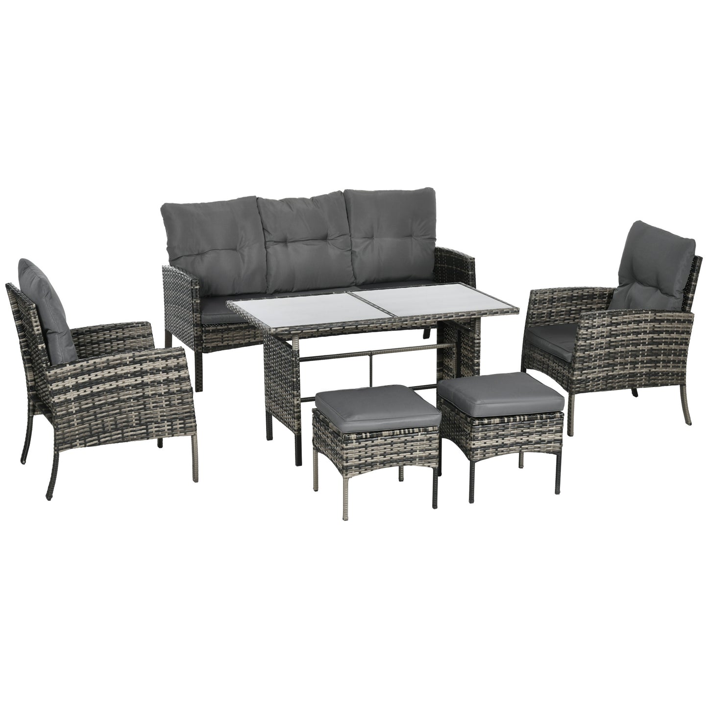 5 Seater Rattan Garden Furniture Set, 2 Armchairs, 3-Seater Wicker Sofa, 2 Footstools and Glass Table