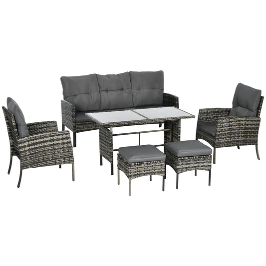 5 Seater Rattan Garden Furniture Set, 2 Armchairs, 3-Seater Wicker Sofa, 2 Footstools and Glass Table