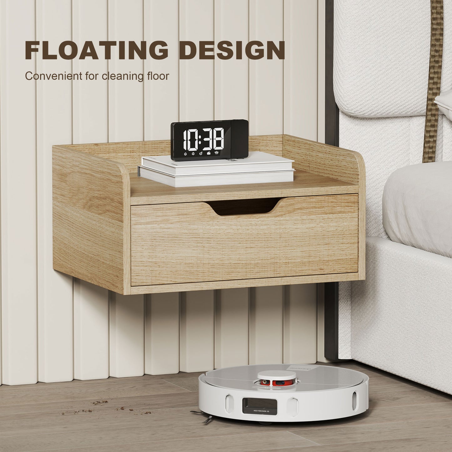 Floating Nightstands Set of 2, Wall Mounted Bedside Table with Drawer for Bedroom, Natural Wood