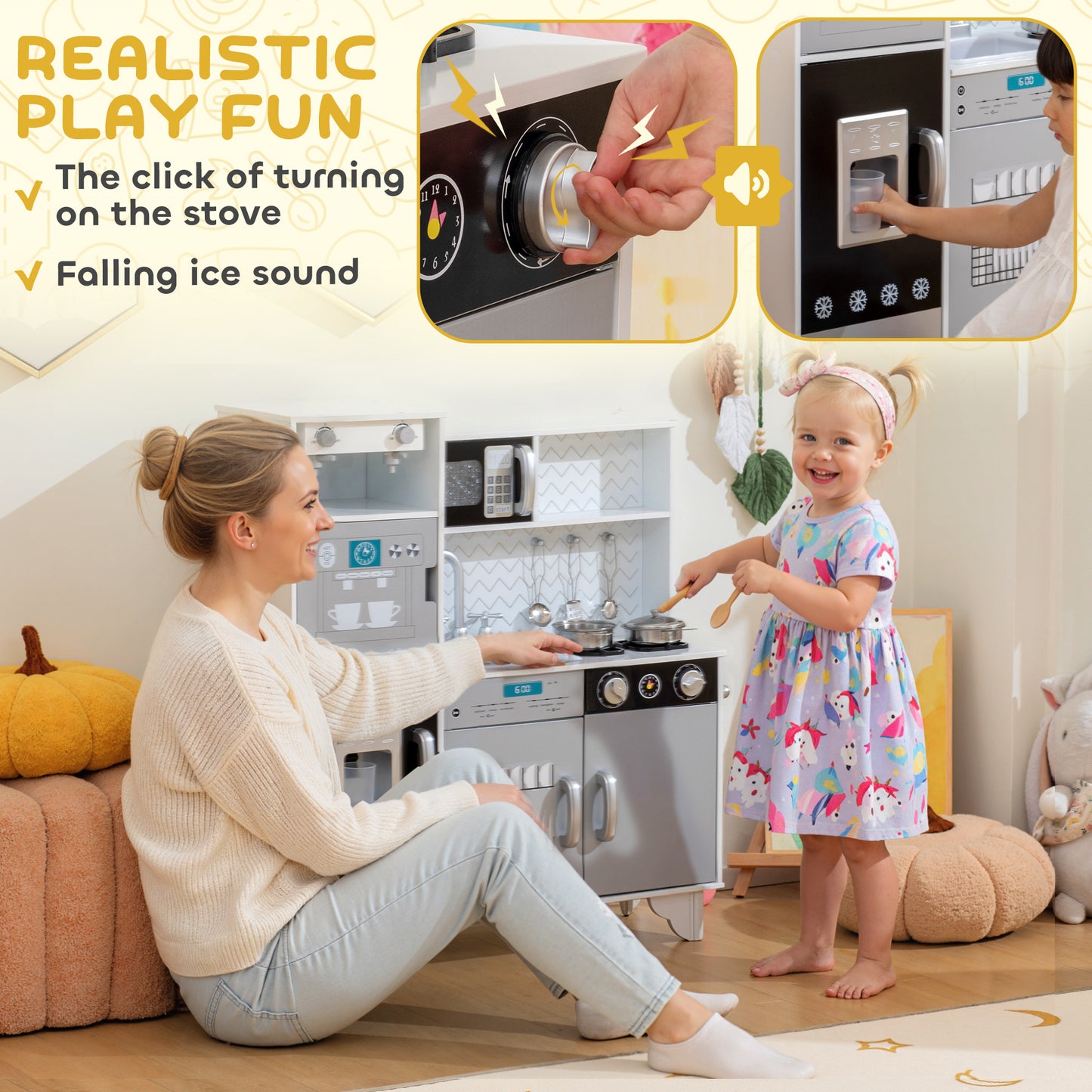 Kids Play Kitchen with Sound, Ice/Coffee Maker, Utensils, Microwave, Stainless Steel Utensils, for 3-6 Years