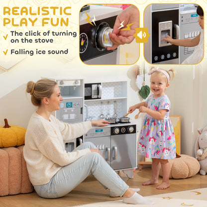 Kids Play Kitchen with Sound, Ice/Coffee Maker, Utensils, Microwave, Stainless Steel Utensils, for 3-6 Years