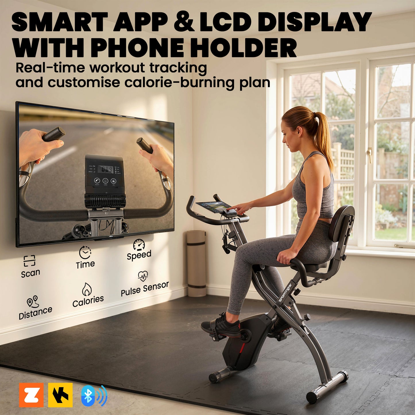 4-In-1 Folding Exercise Bike with Resistance Bands, Bluetooth App, 8-Level Magnetic Resistance, LCD Display, Black
