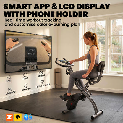 4-In-1 Folding Exercise Bike with Resistance Bands, Bluetooth App, 8-Level Magnetic Resistance, LCD Display, Black