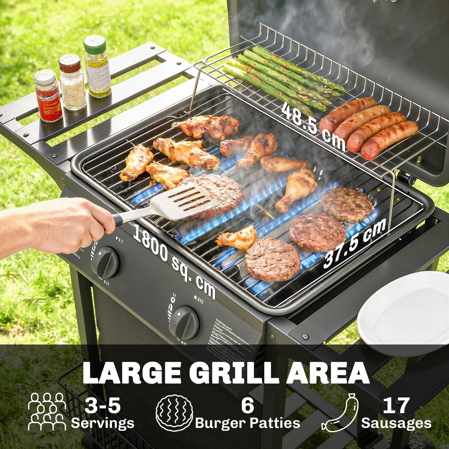 Gas Burner Barbecue Grill, 2 Burner Gas Grill with Side Tables, Warming Rack, Shelf, Thermometer, Grease Tray, Black