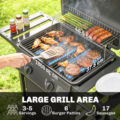 Gas Burner Barbecue Grill, 2 Burner Gas Grill with Side Tables, Warming Rack, Shelf, Thermometer, Grease Tray, Black