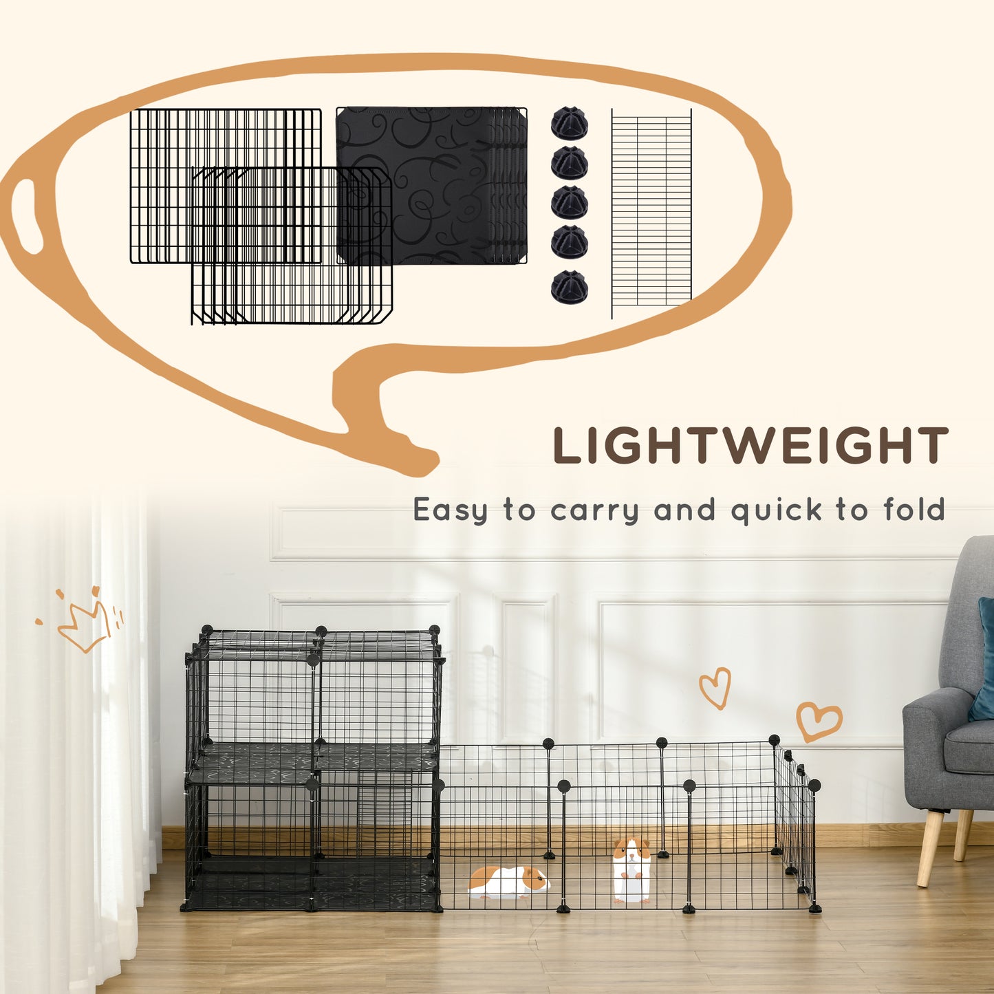 Pet Playpen with Door, Guinea Pigs Metal Mesh Cage for Small Animal, Chinchilla, 175 x 105 x 70 CM, Black