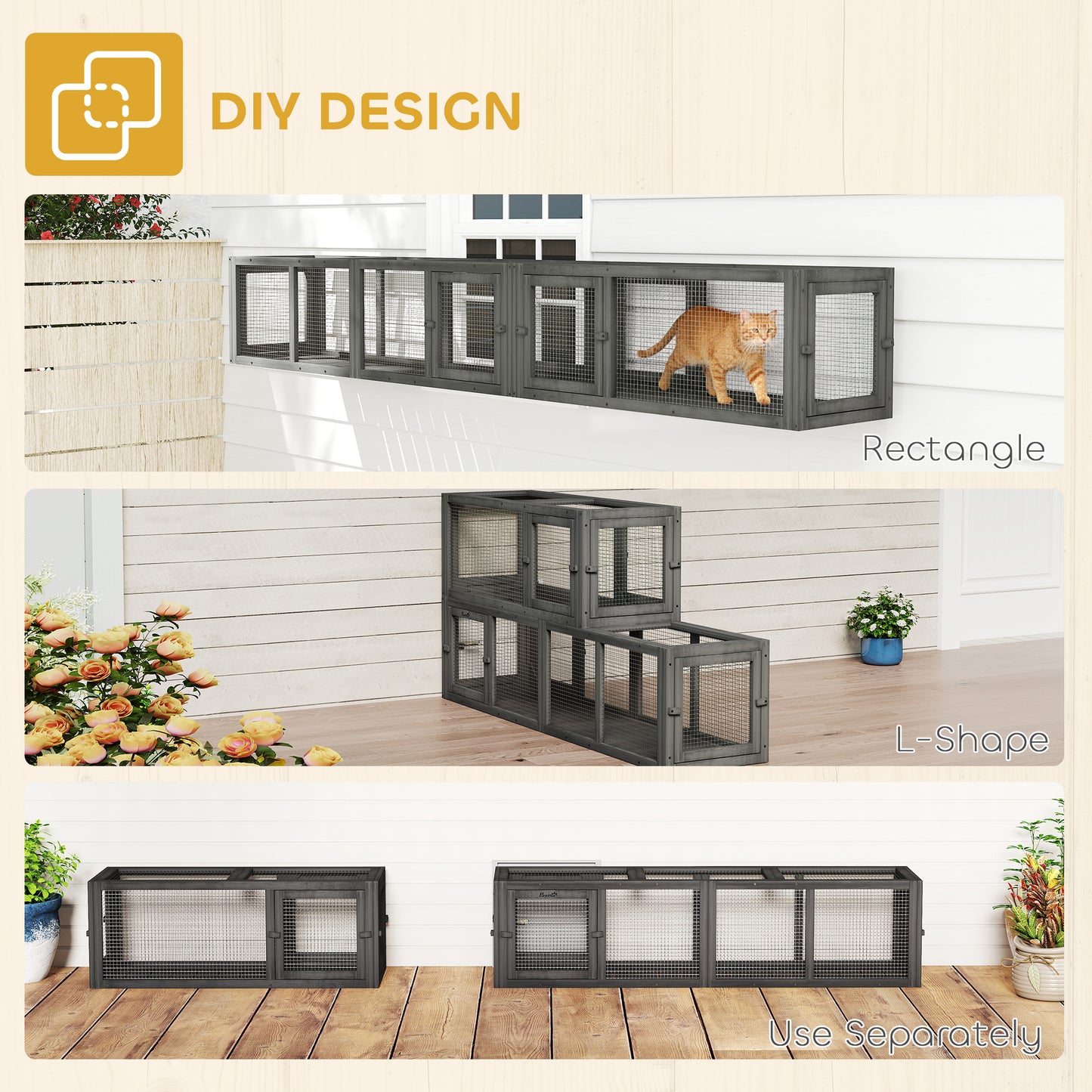 Cat Tunnel, 250cm Extra Long Wooden Cat Play Tunnel with 8 Doors, L-shape/Rectangle, Outdoor Cat Enclosure, Dark Grey