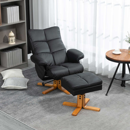 PU Leather Swivel Recliner Chair with Footstool, Wooden Base and Storage for Living Room, Black