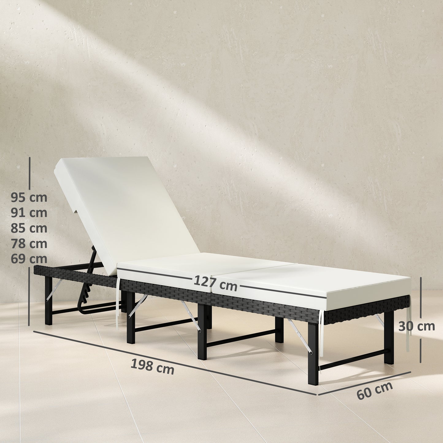 Single Folding Rattan Sun Lounger, with Cushion - Black