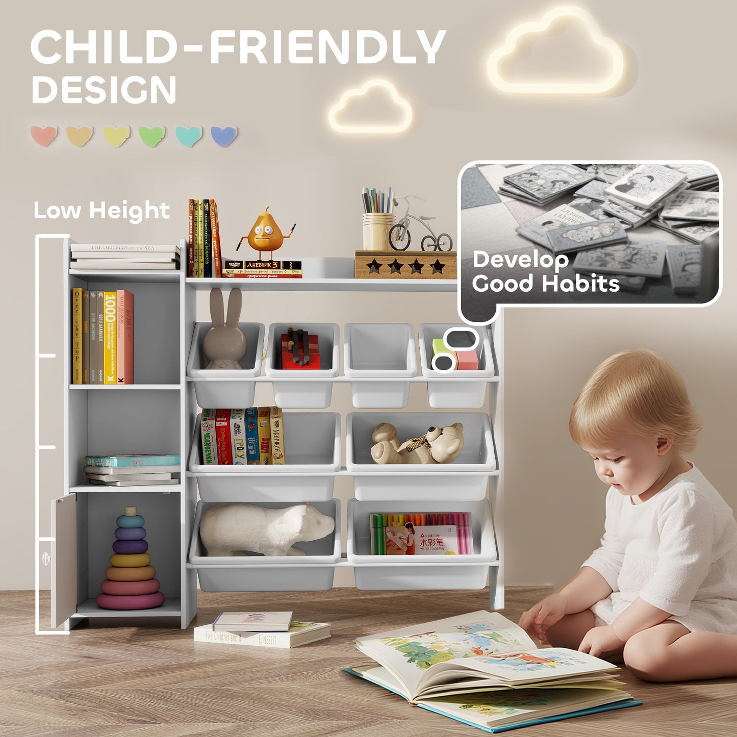 Toy Storage Unit with 8 Removable Bins, Storage Shelves, Cabinet, White