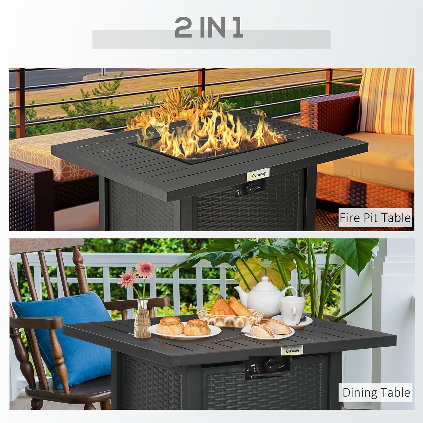 Rattan-style Propane Gas Fire Pit Table with 40,000 BTU Burner, Square Smokeless Firepit Patio Heater with Thermocouple