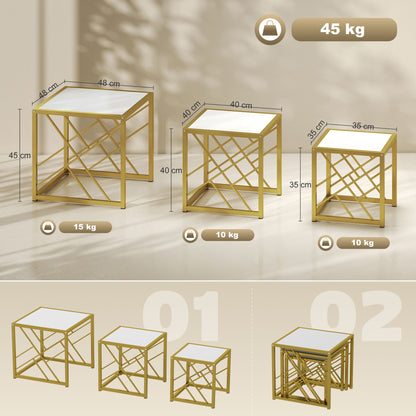 Nesting Coffee Tables, Set of 3 Square Side Tables with Gold Metal Frame, for Living Room, Bedroom and Office, White