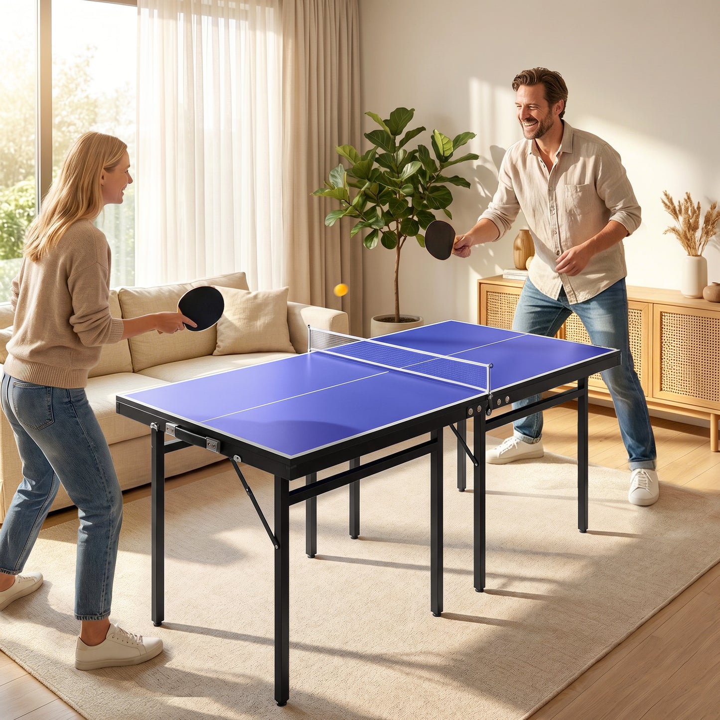 Folding 5ft Mini Compact Table Tennis Top Ping Pong Table Set Professional Net Games Sports Training Play Blue