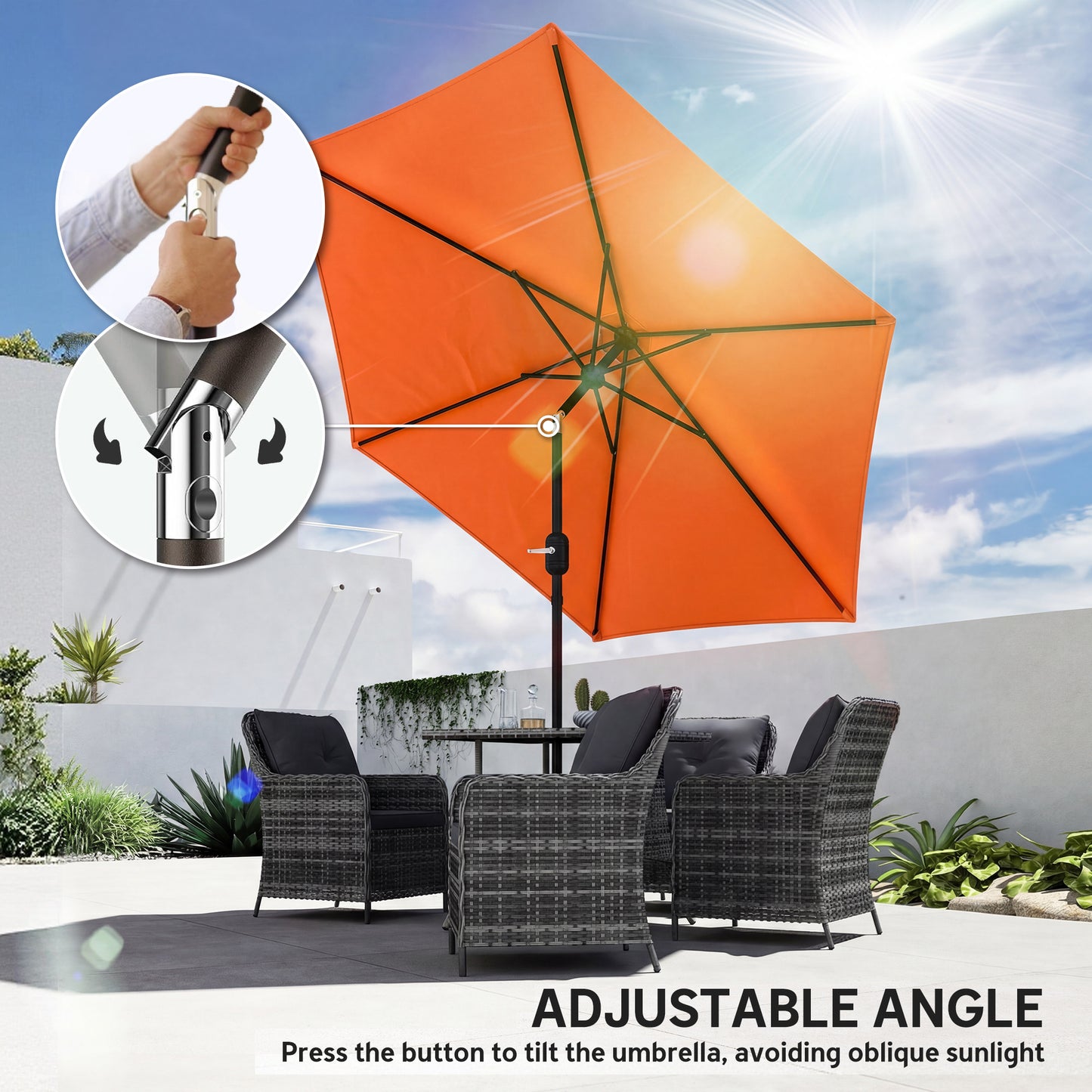 2.6 m Garden Parasol Umbrella with Aluminium Pole, Outdoor Patio Umbrella with Tilt and Crank, Vent, Orange