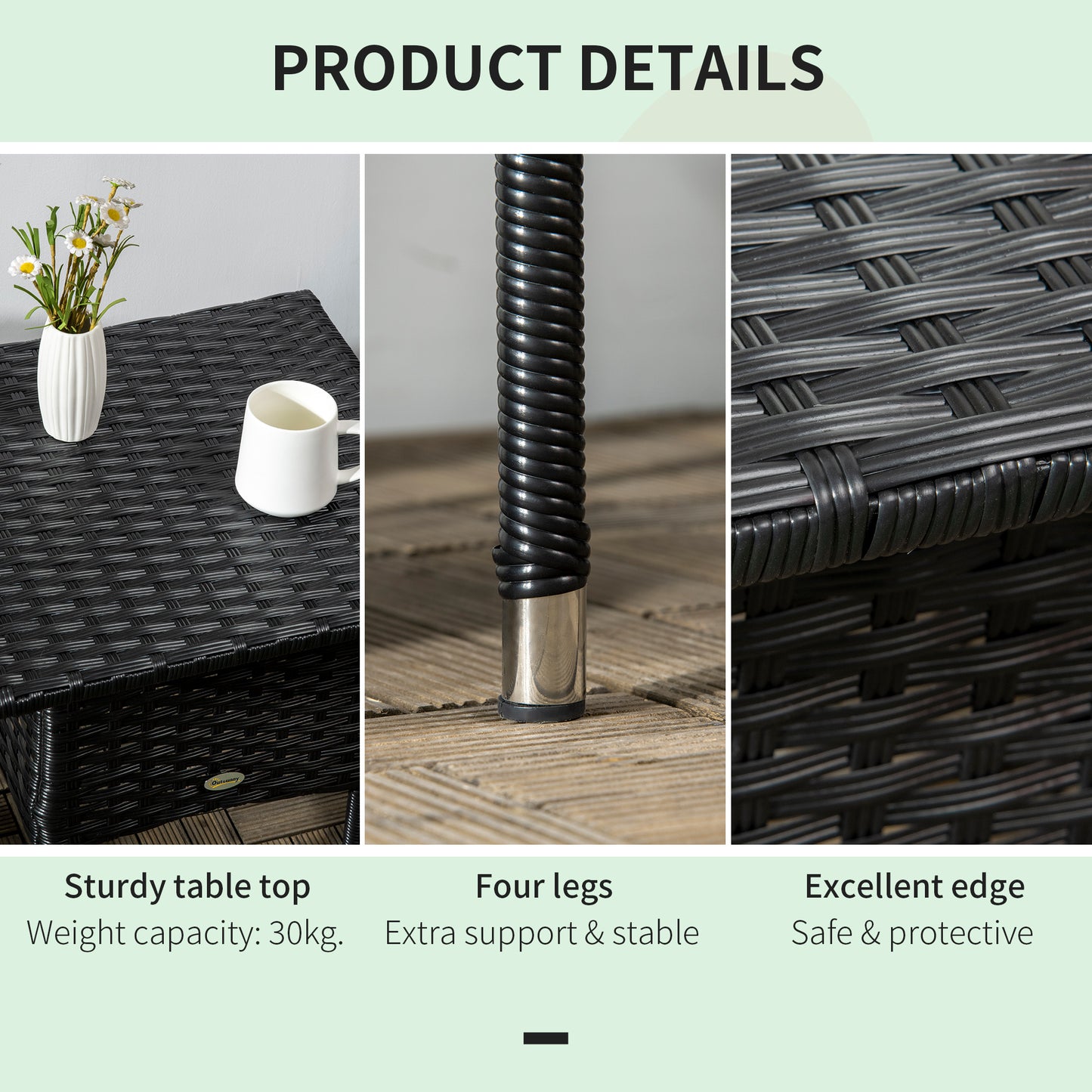 Rattan Side Table, Outdoor Coffee Table with Plastic Board Under the Full Woven Table Top for Patio, Garden, Balcony, Black