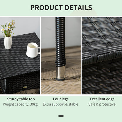 Rattan Side Table, Outdoor Coffee Table with Plastic Board Under the Full Woven Table Top for Patio, Garden, Balcony, Black