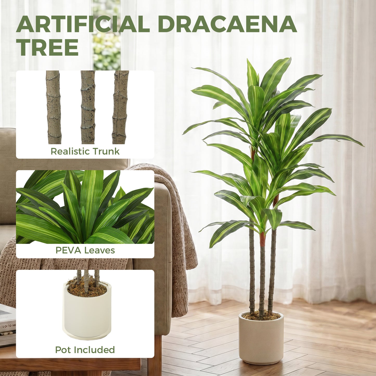 90cm Lifelike Fake Tree, Artificial Dracaena Tree with Bendable Trunks, Green
